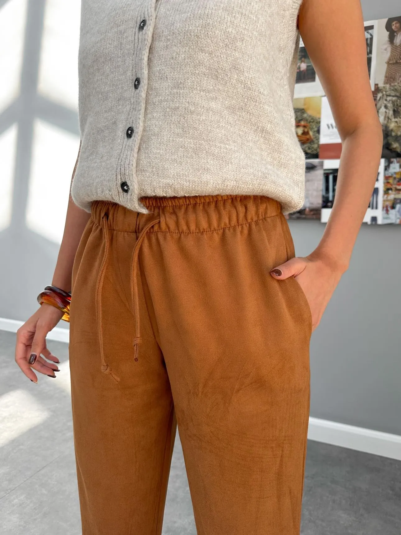 Tan Elastic Waist Suede Trousers