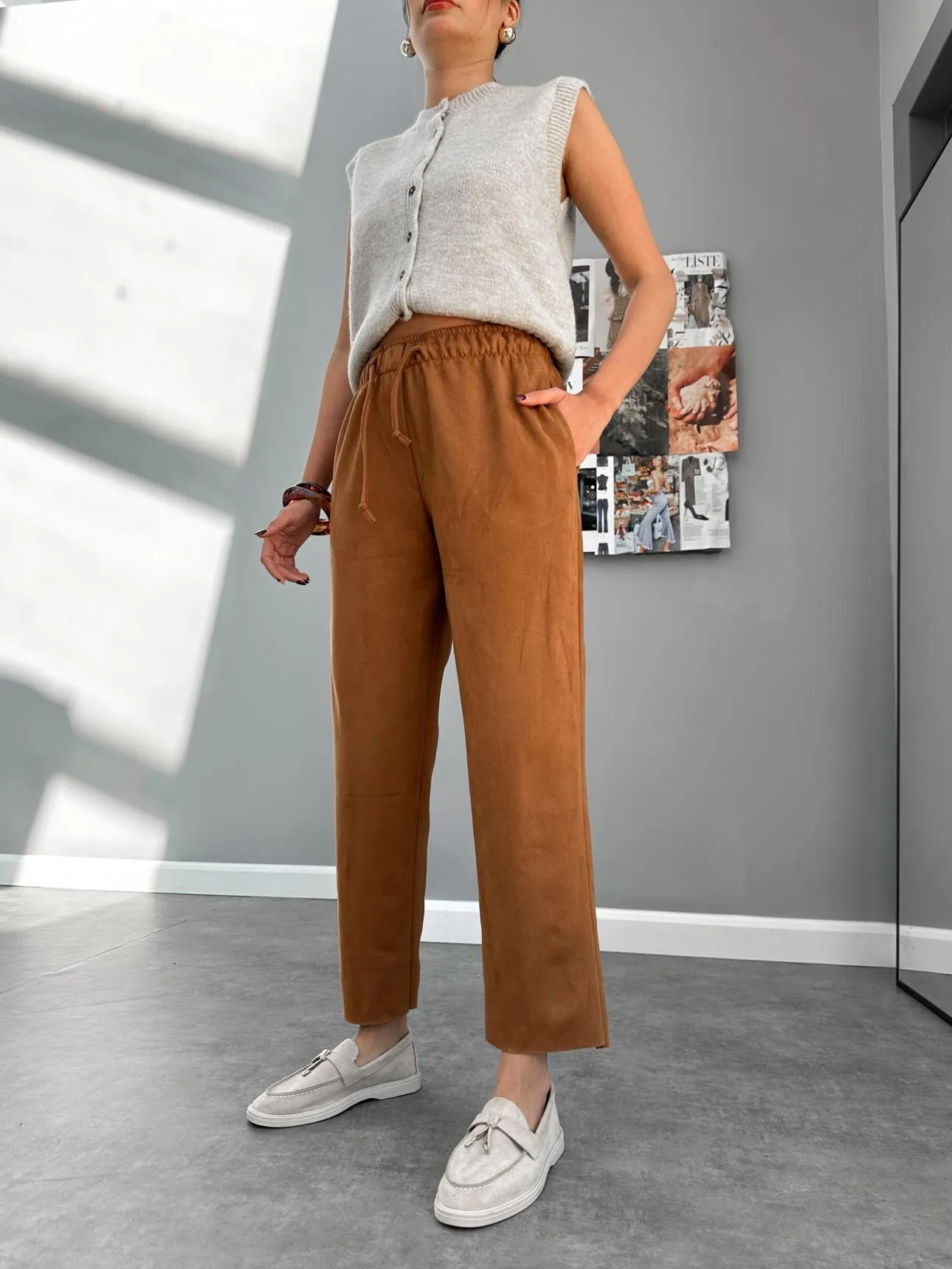 Tan Elastic Waist Suede Trousers