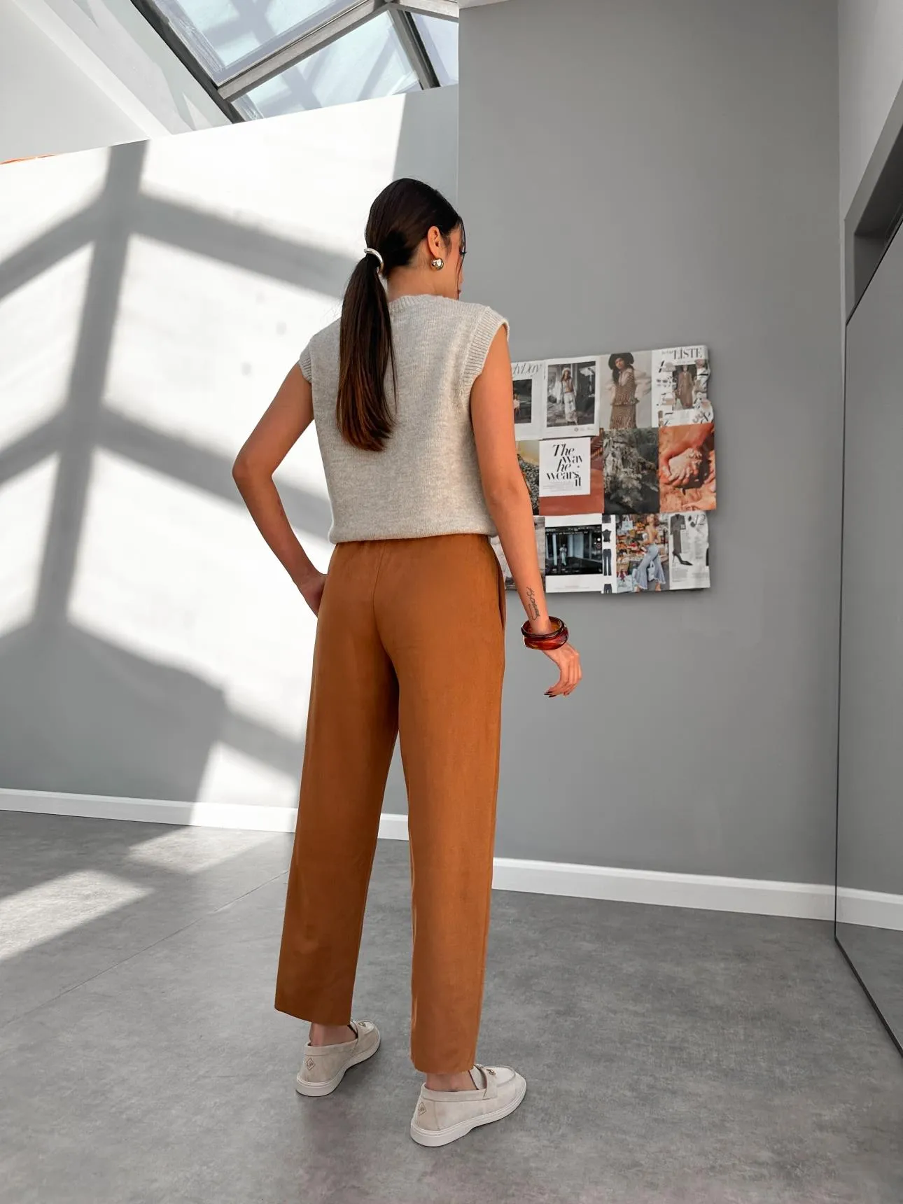 Tan Elastic Waist Suede Trousers