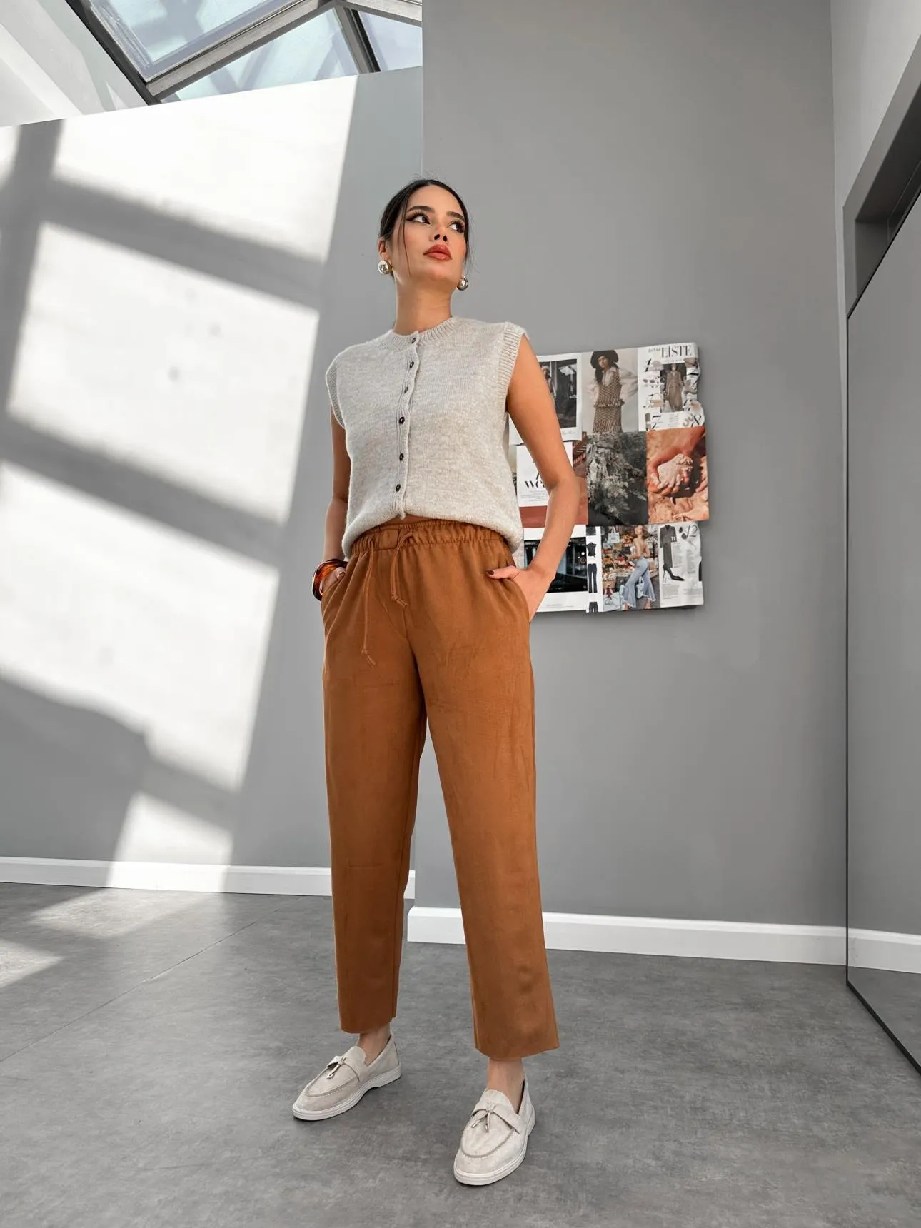 Tan Elastic Waist Suede Trousers