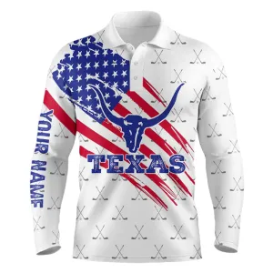 Texas Flag Longhorn Mens Golf 3D Long Sleeve Polo Shirts, Custom Patriotic Golf Shirts For Men