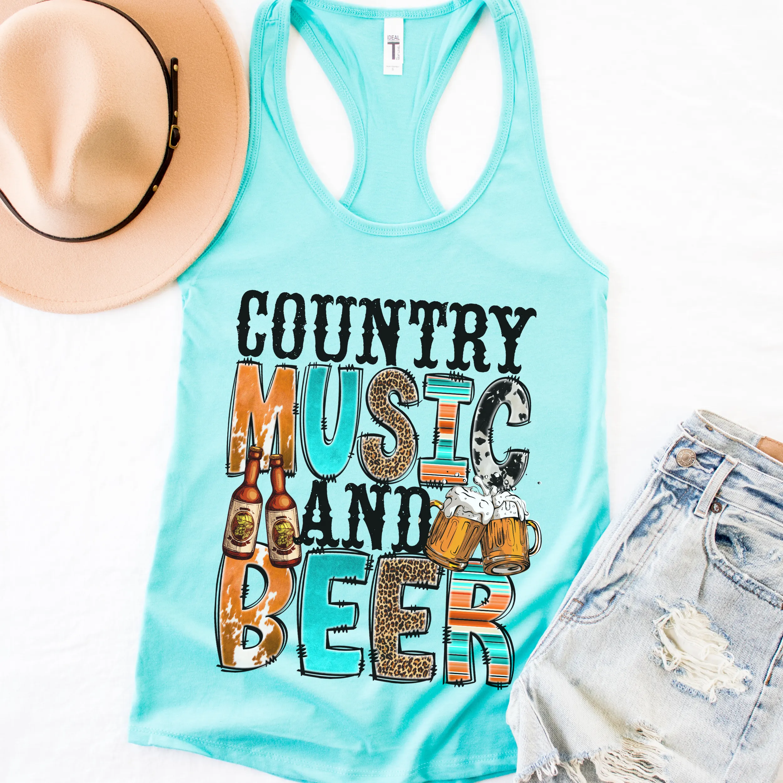 Trendy Summer Country Music and Beer Women's Racerback Tank Cowhide Beer Design on a Racerback Tahiti, Mint, White, Black or Heather Grey Tank