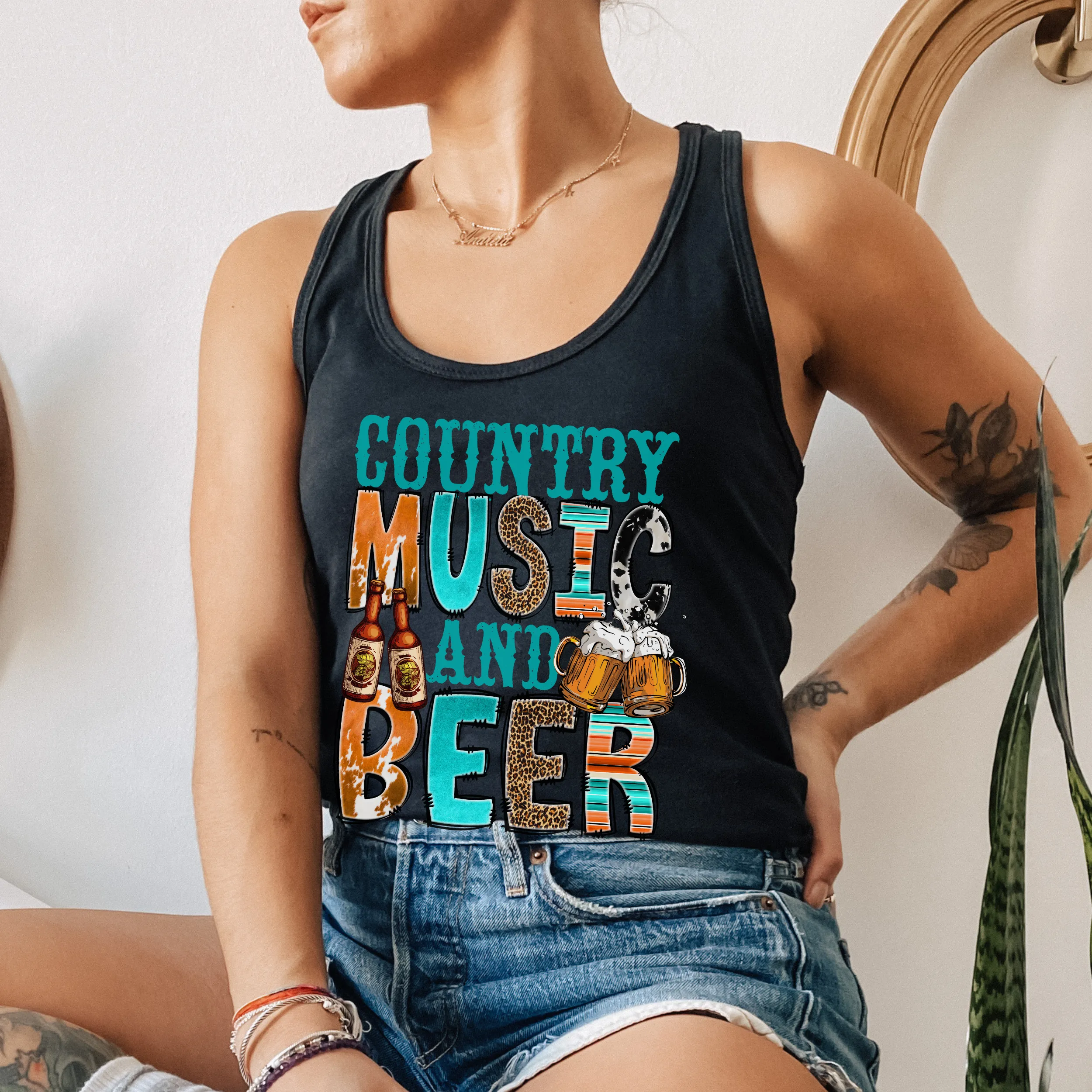 Trendy Summer Country Music and Beer Women's Racerback Tank Cowhide Beer Design on a Racerback Tahiti, Mint, White, Black or Heather Grey Tank