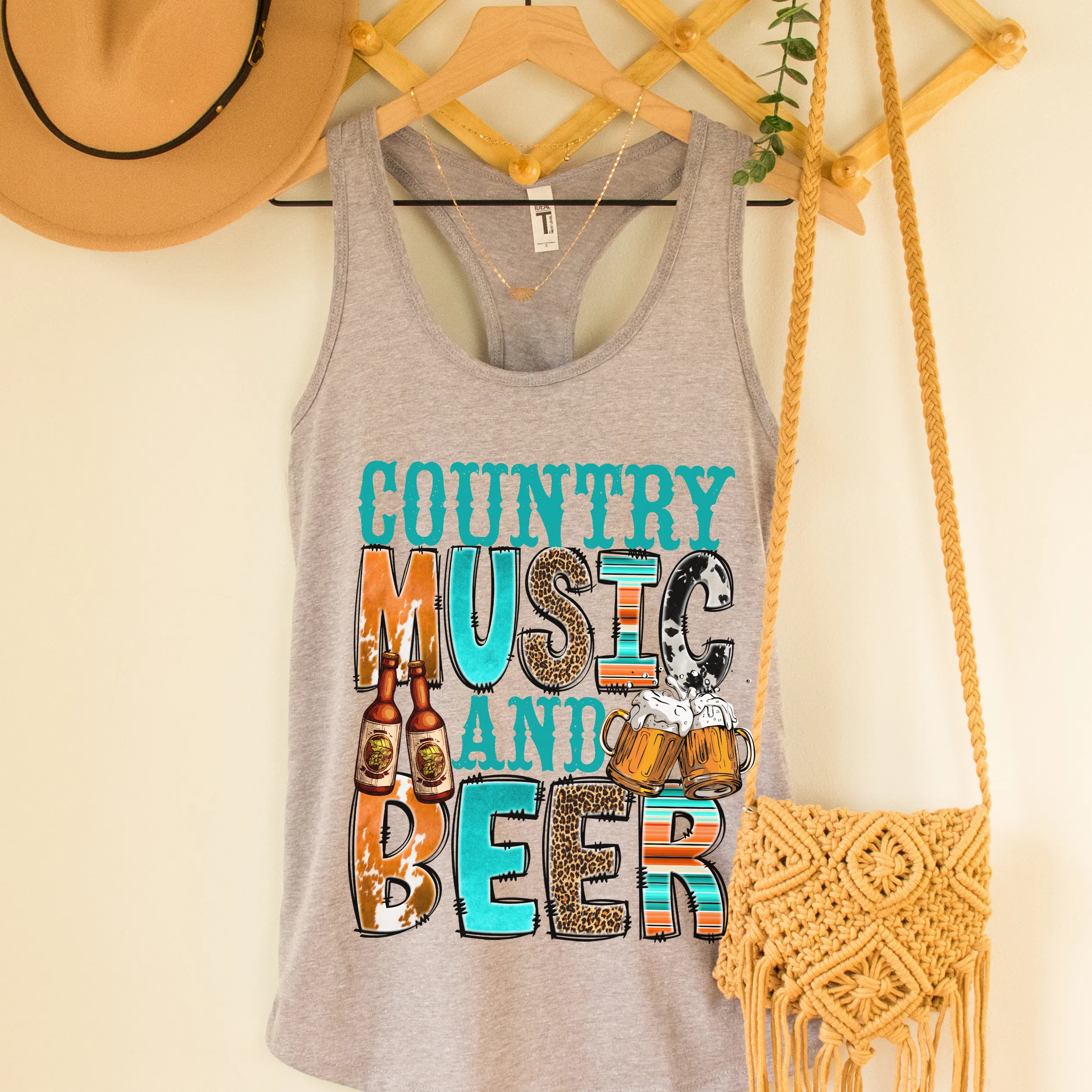 Trendy Summer Country Music and Beer Women's Racerback Tank Cowhide Beer Design on a Racerback Tahiti, Mint, White, Black or Heather Grey Tank