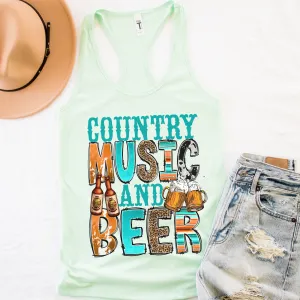 Trendy Summer Country Music and Beer Women's Racerback Tank Cowhide Beer Design on a Racerback Tahiti, Mint, White, Black or Heather Grey Tank