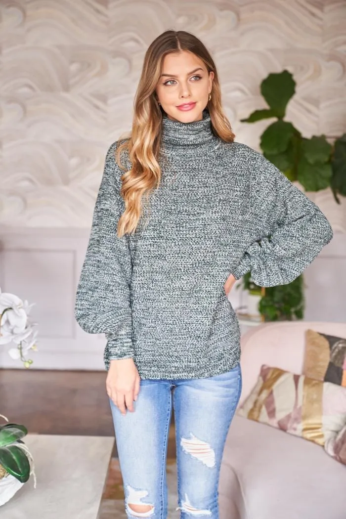 Turtleneck Melange Balloon Sleeve Sweater