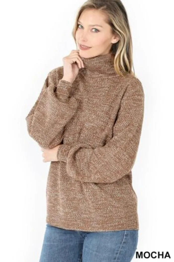 Turtleneck Melange Balloon Sleeve Sweater