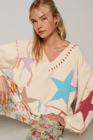 V-Neck Long Sleeve Star Fringe Sweater