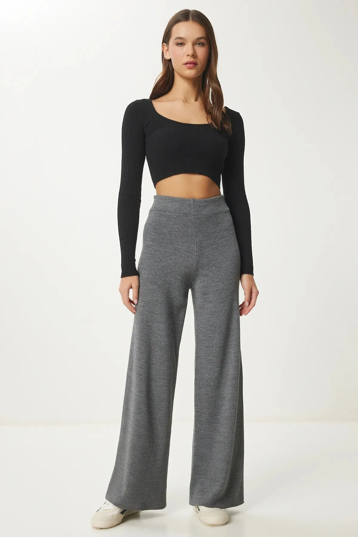 Wide Leg Thick Knitted Trousers GRAY