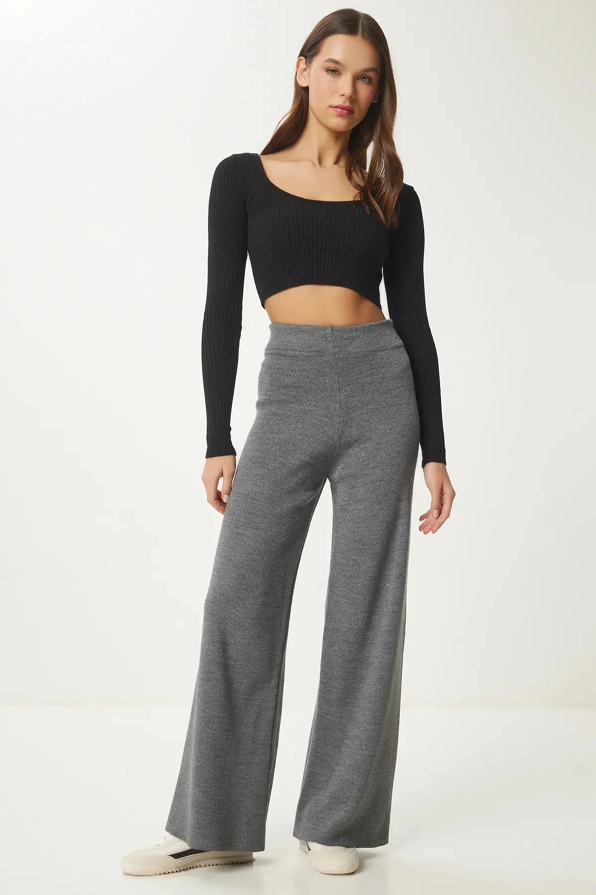 Wide Leg Thick Knitted Trousers GRAY